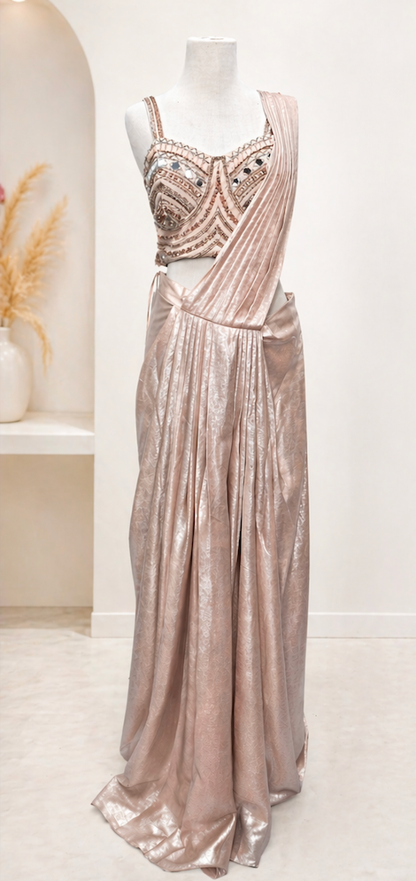 Blush Pink Shimmer Pre-Draped Saree Set