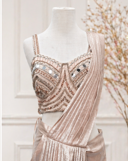 Blush Pink Shimmer Pre-Draped Saree Set