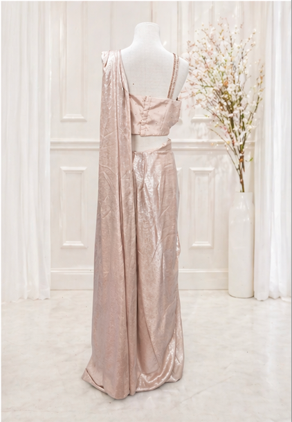 Blush Pink Shimmer Pre-Draped Saree Set