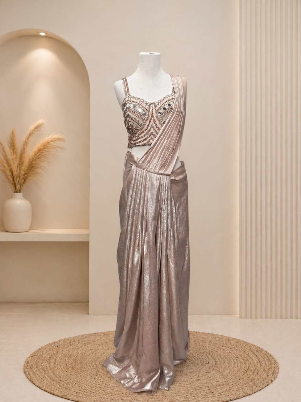 Blush Pink Shimmer Pre-Draped Saree Set